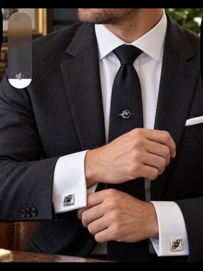 Vintage Square Cufflinks with Black Faceted Stone and matching tie tack